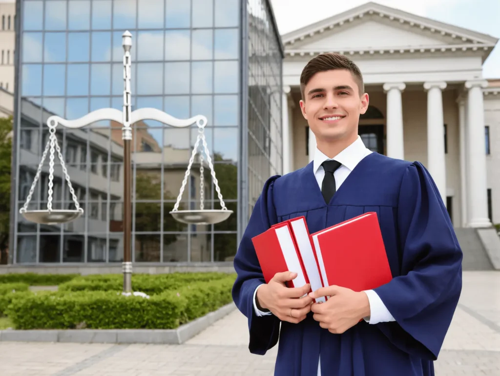 A vibrant law faculty campus with a grand, historic courthouse in the background, featuring ornate columns and stone architecture