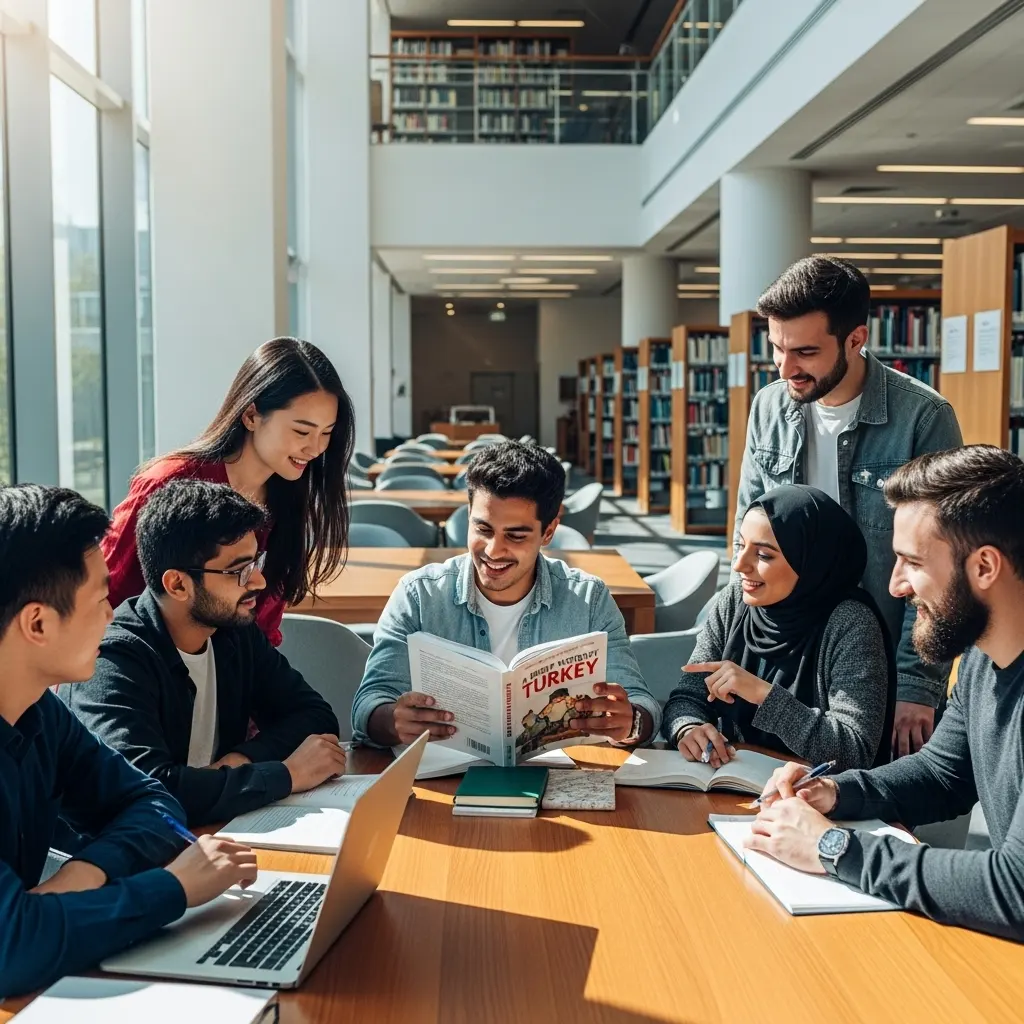 International students studying for their master's degrees in a modern Turkish university library.