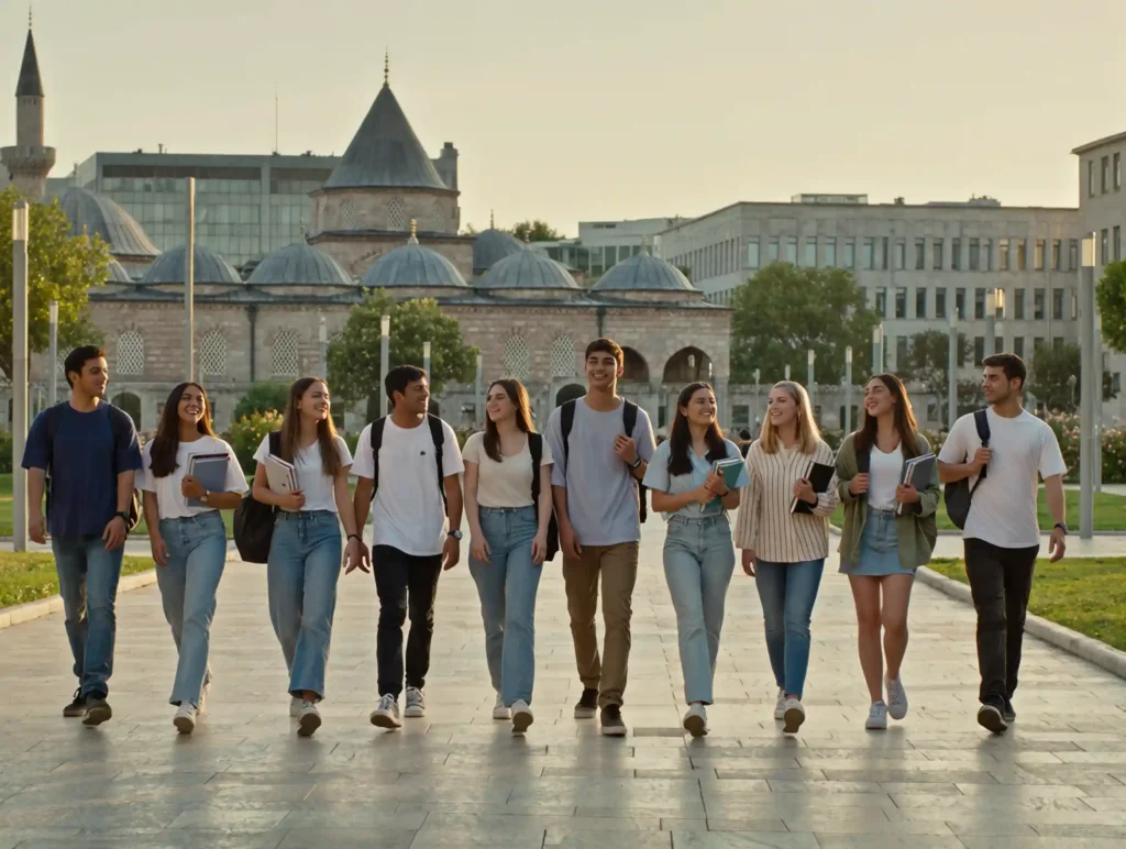 International students from different nations walking and laughing on a university campus in Turkey.