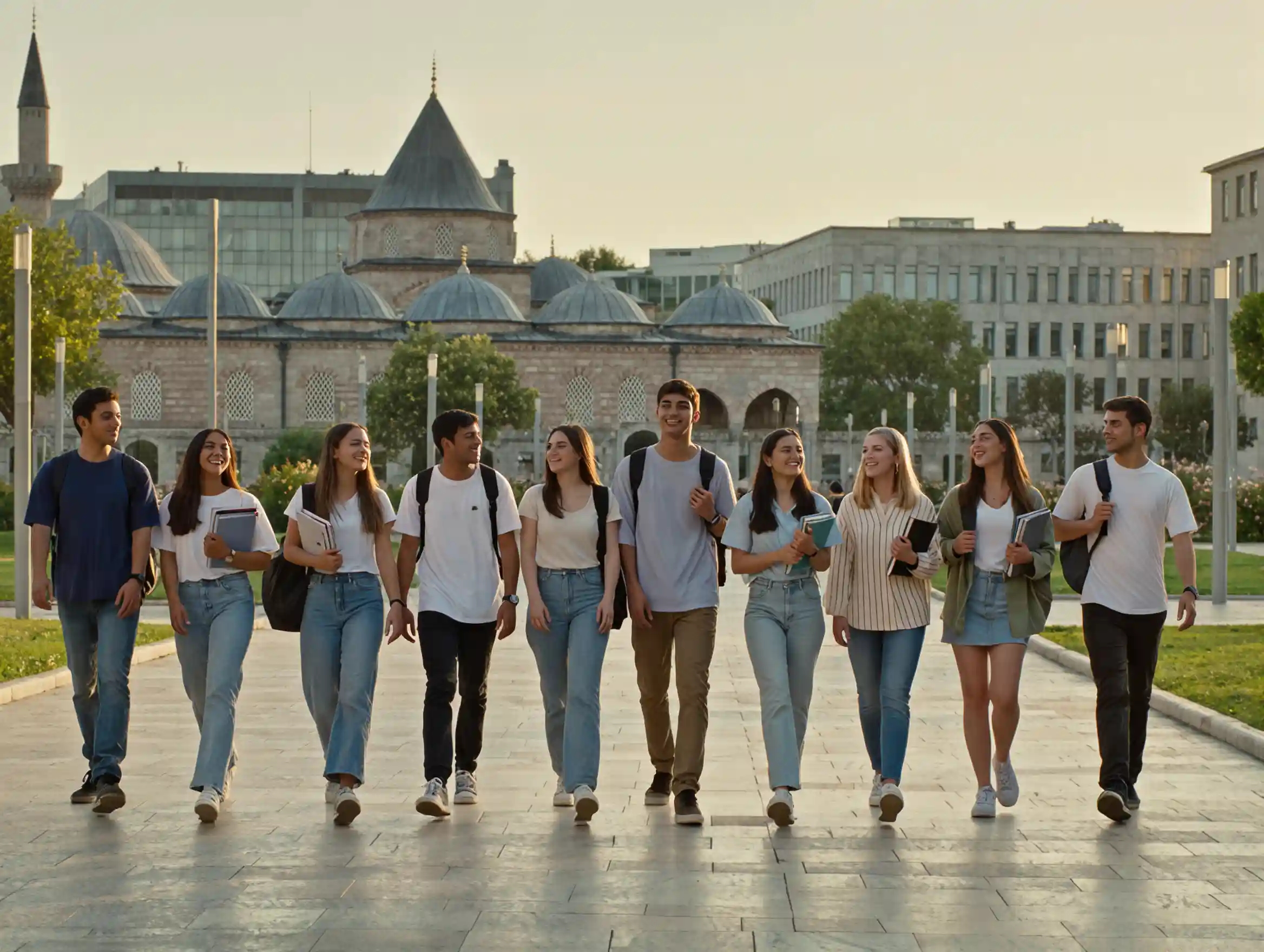 International students from different nations walking and laughing on a university campus in Turkey.