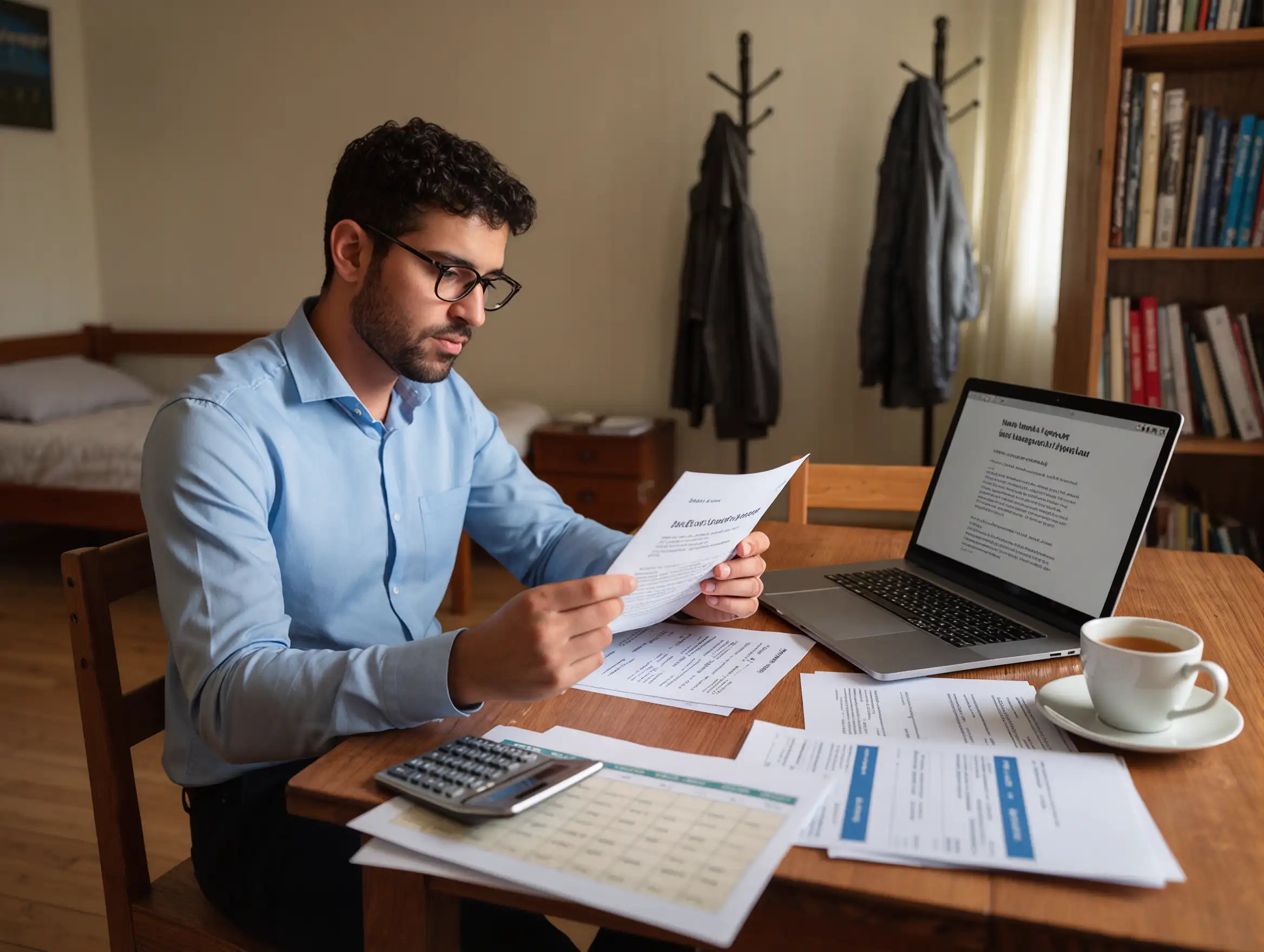 Student reviewing housing scholarship documents in a modest student apartment.