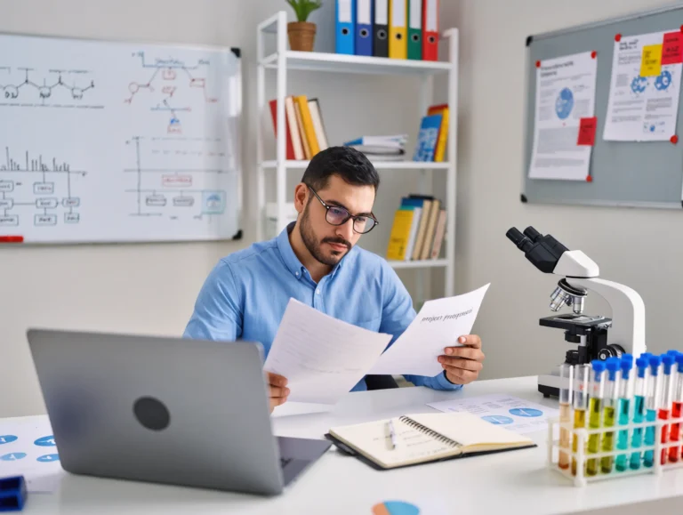 Student working on a research project with documents and lab tools.