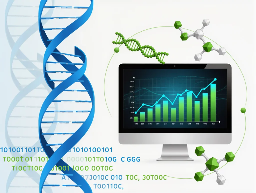 Biyoinformatik alanını temsil eden, DNA sarmalı ve bilgisayar devresini birleştiren bir görsel