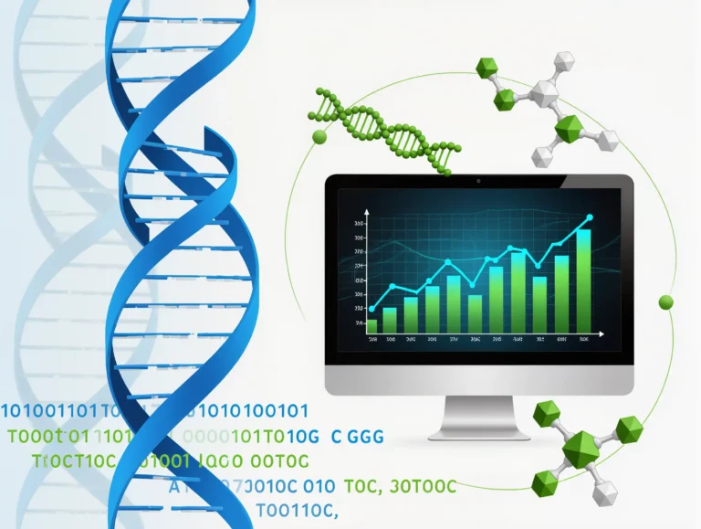 Biyoinformatik alanını temsil eden, DNA sarmalı ve bilgisayar devresini birleştiren bir görsel