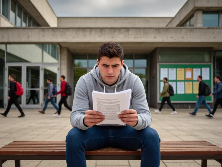 A sad student sitting on a bench holding a rejection letter