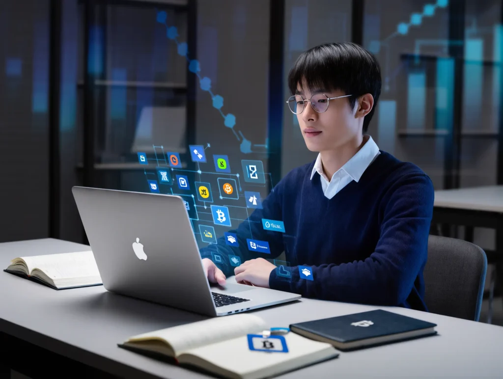 A student analyzing blockchain data on a laptop, with cryptocurrency icons in the background.