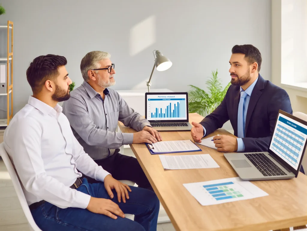 A child and father discussing education expenses with a financial advisor
