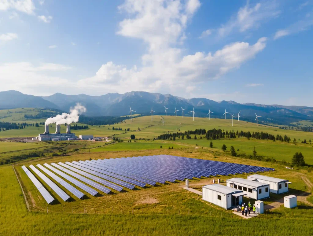 A scientist analyzing renewable energy data near wind turbines