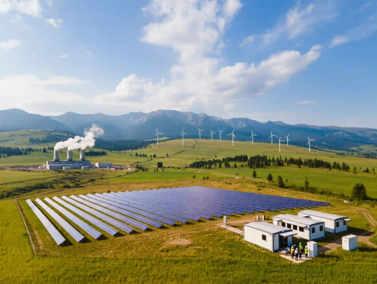 A scientist analyzing renewable energy data near wind turbines