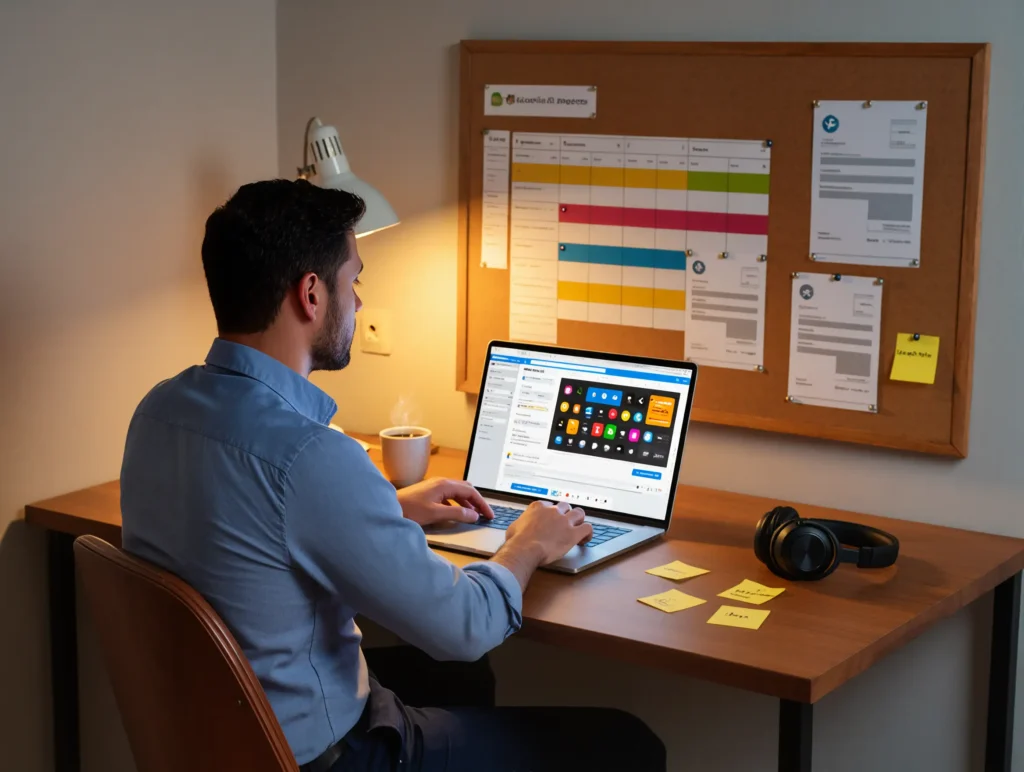 A Middle Eastern student working remotely at a cozy home desk with freelancing tools