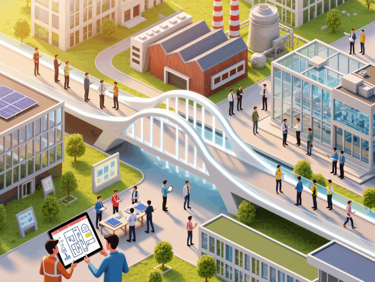 An illustrated industrial scene with factories, gears, and machinery symbolizing technological development.