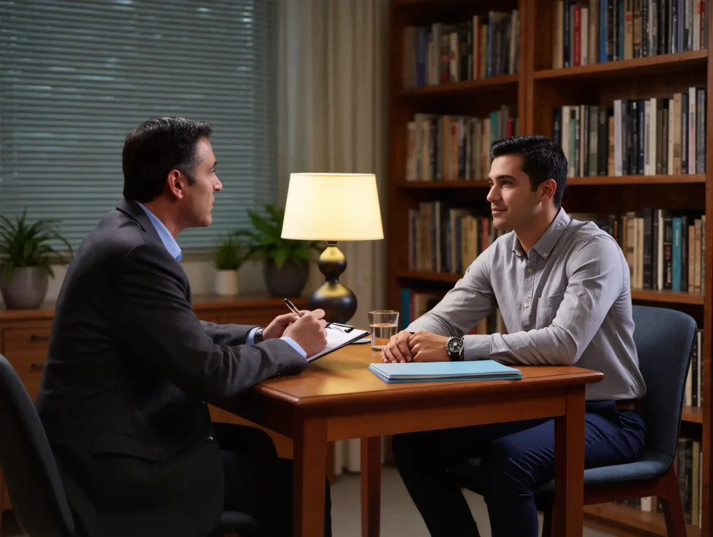 Two people facing each other during a scholarship interview in Türkiye.