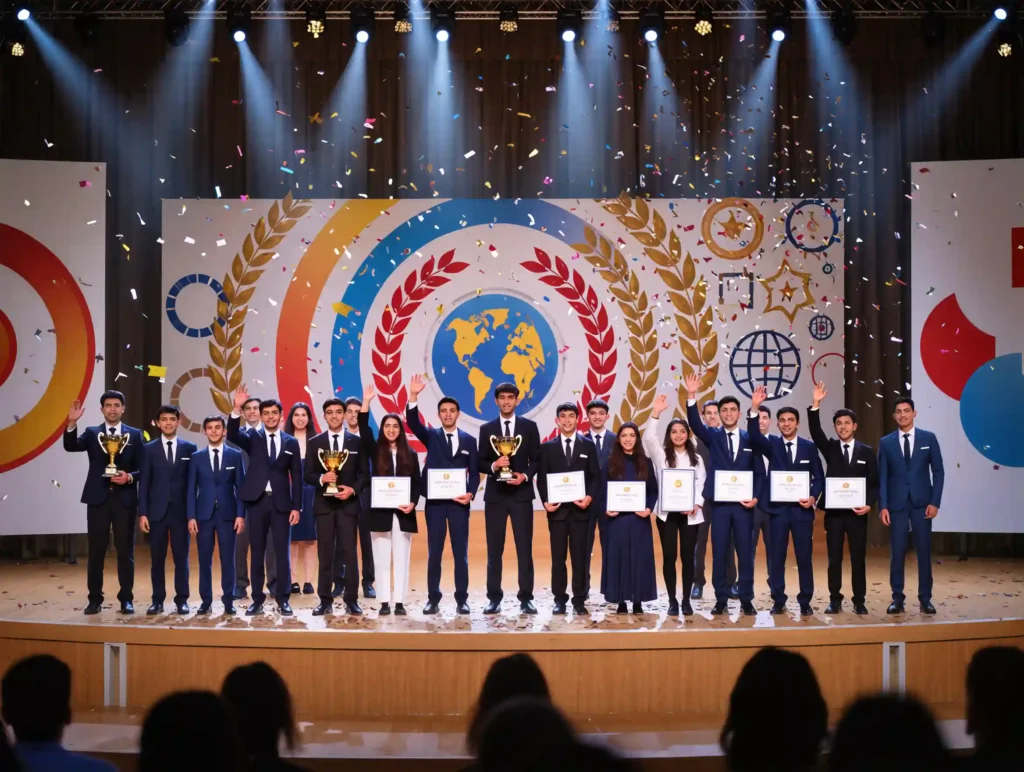 A trophy and medal on a stage representing academic and competition success.