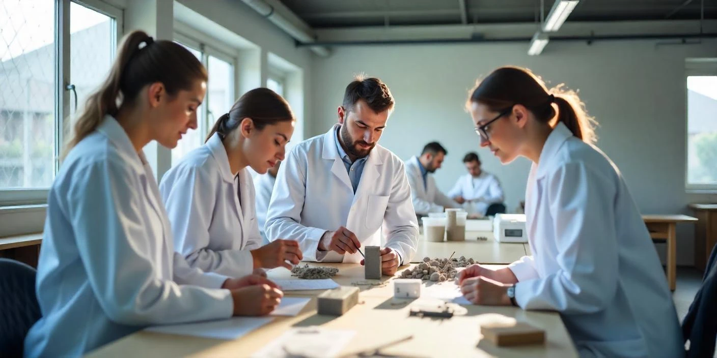 Özyeğin üniversi kampüsünde, inşaat mühendisliği laboratuvarında deney yapan yabancı öğrenciler.