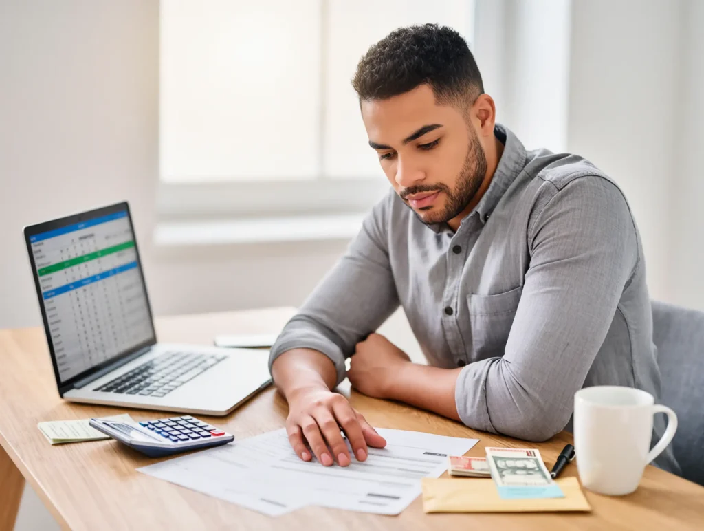 A man sitting at a table with money and documents, managing finances