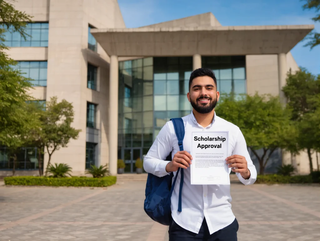 A foreign student standing in front of a university building in Turkey