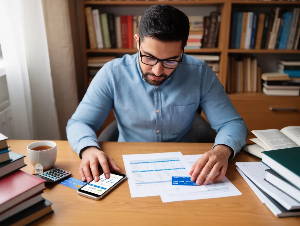 A student holding a credit card while managing finances on a laptop