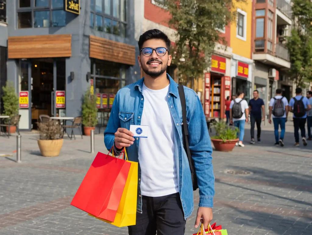 A happy student holding a shopping bag and a discount card while walking on the street