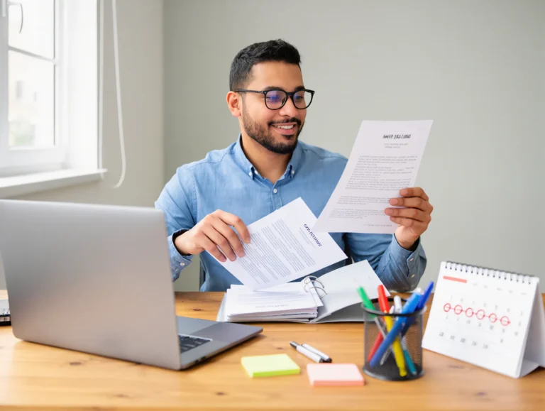A student calculating loan repayment on a notebook beside a laptop