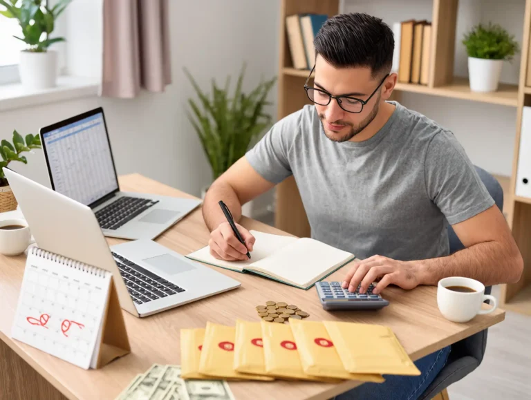 A student organizing savings with a piggy bank and financial planner