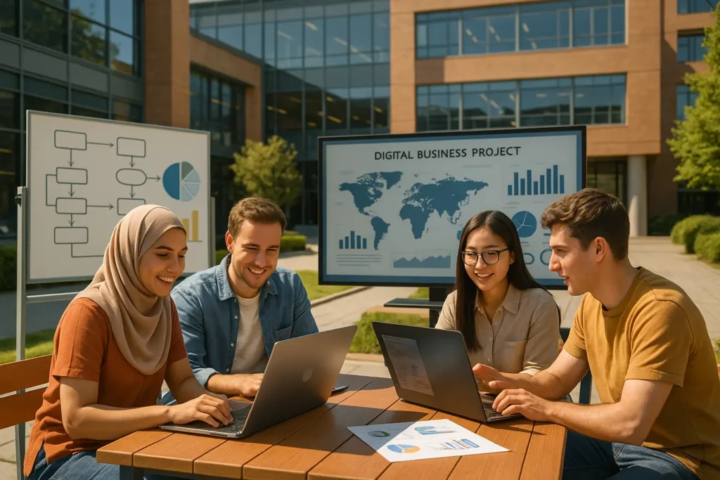 International students working on a digital business project on Ozyegin University campus