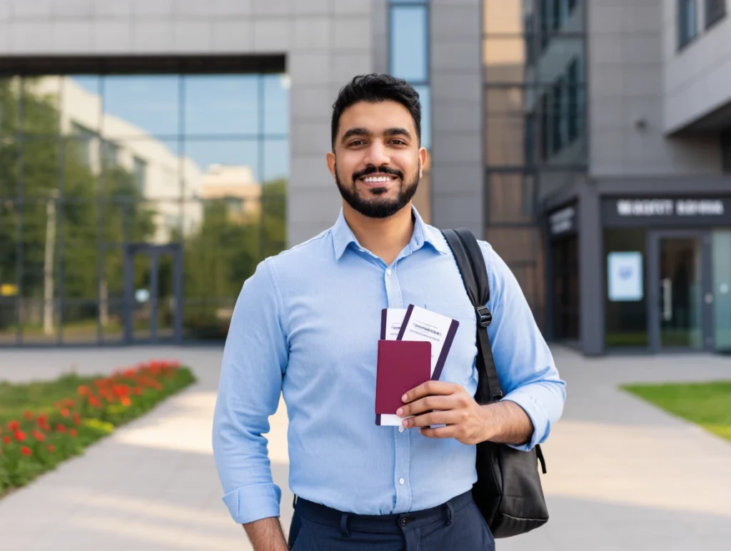 Middle Eastern student holding approved e-Visa for Turkey in front of university