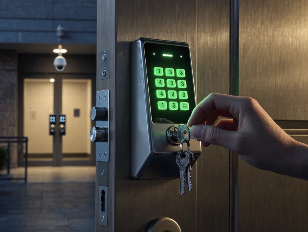 Close-up of a key entering a digital keypad on a secure apartment door.