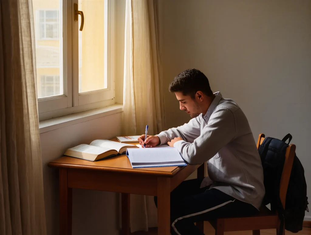 Stack of textbooks and course materials with a laptop and glasses on a study desk.