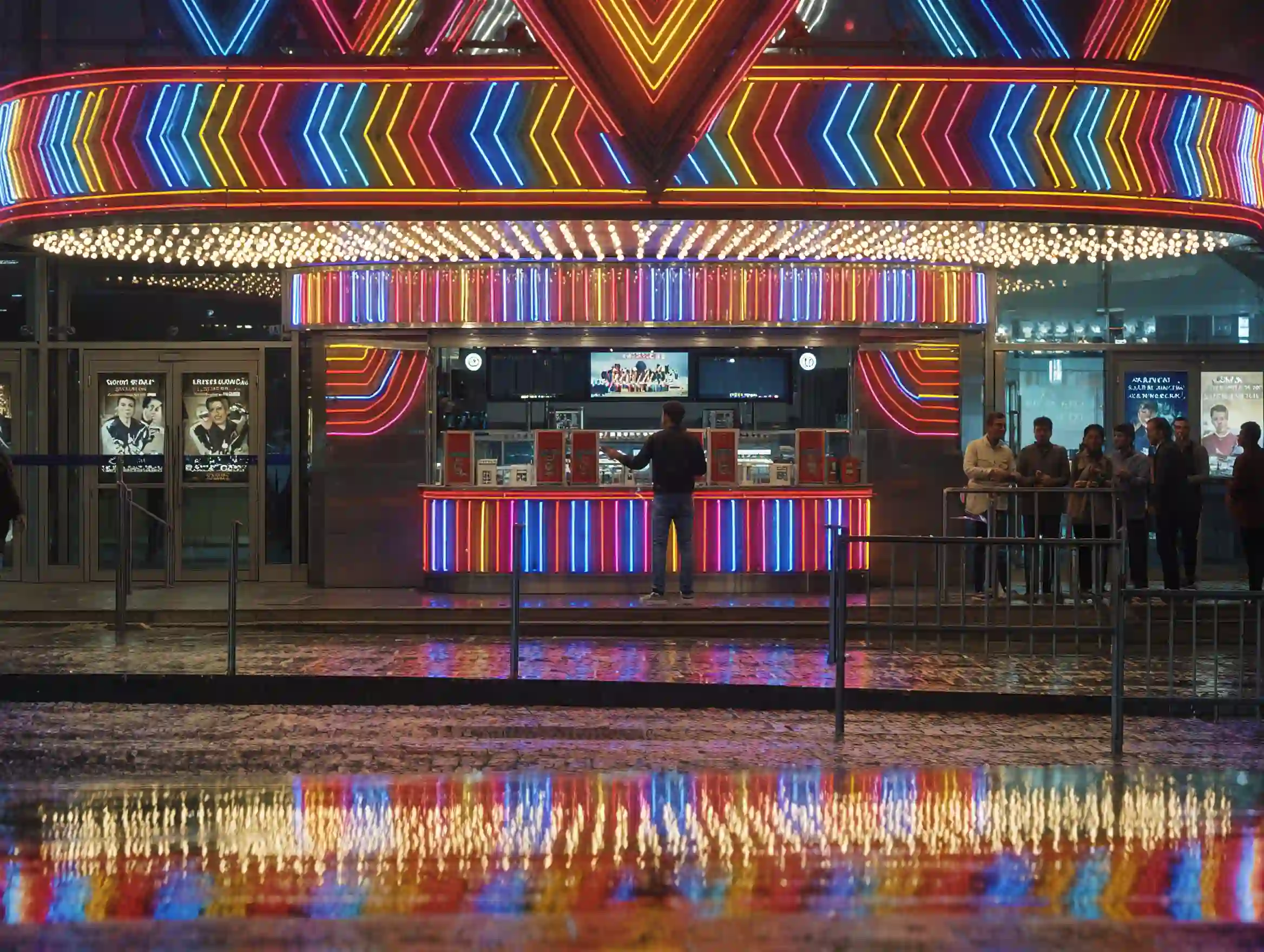 Person buying a ticket at a brightly lit Turkish cinema entrance at night.