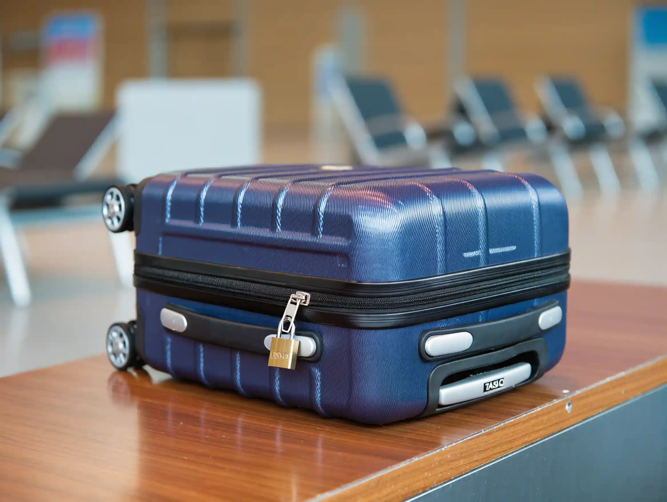 Packed suitcase ready for travel on a wooden floor.