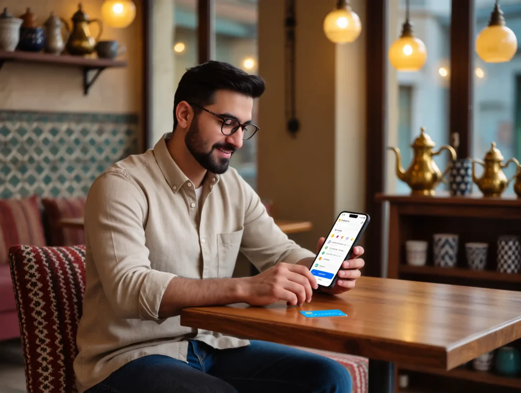 Student making a digital payment via smartphone in Turkey.