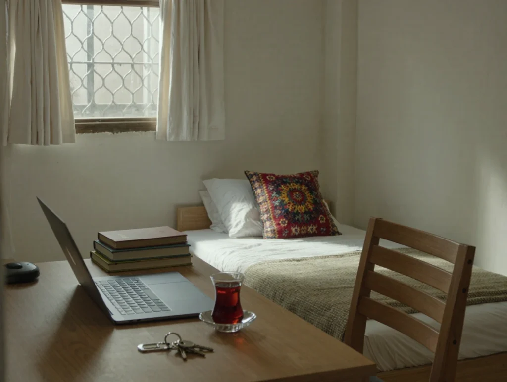 A peaceful and inviting atmosphere in a tidy Turkish dorm room, featuring a laptop, books, and Turkish tea on a desk.