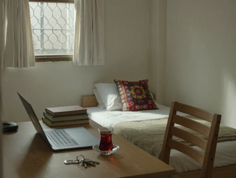 A peaceful and inviting atmosphere in a tidy Turkish dorm room, featuring a laptop, books, and Turkish tea on a desk.