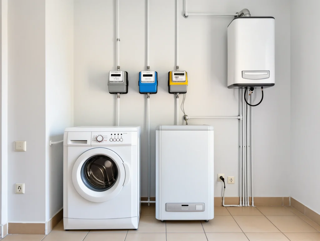 Utility meters for electricity, water, and natural gas in a Turkish apartment.