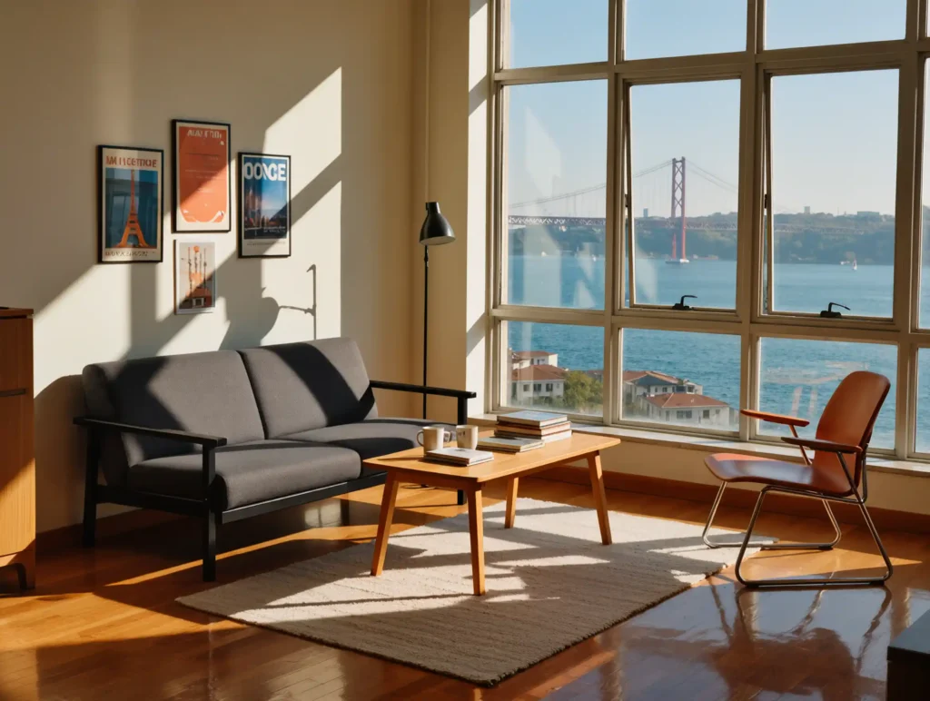 Modest student living room with large window overlooking the Bosphorus and sunlight streaming in
