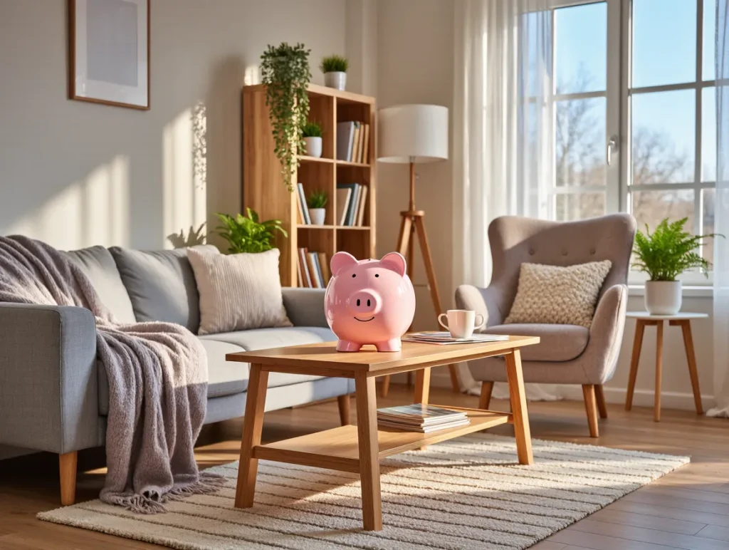 Piggy bank near radiator in a cozy winter home, symbolizing heating cost savings