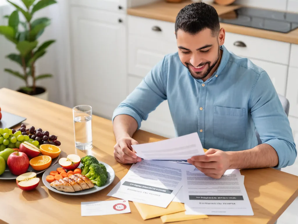 Student reviewing meal scholarship documents with a healthy meal on the table.