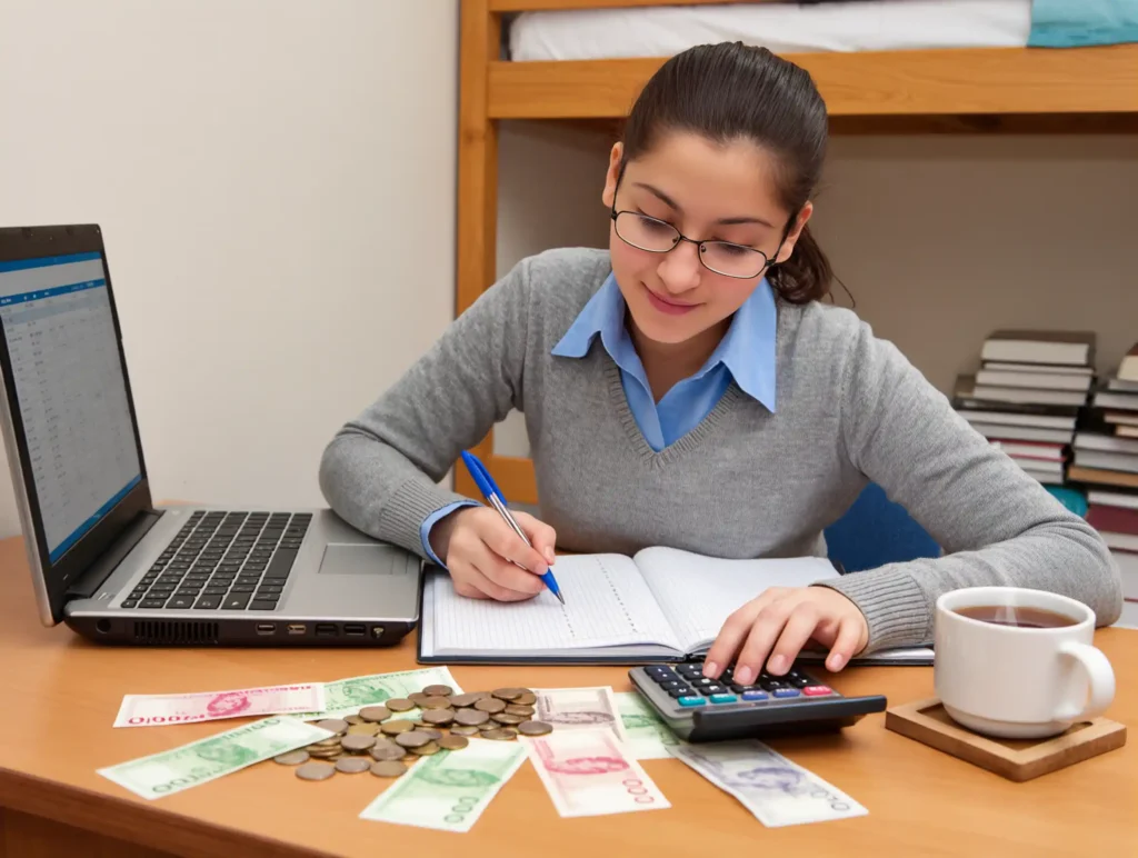 Student budgeting money with calculator and Turkish lira on a desk.