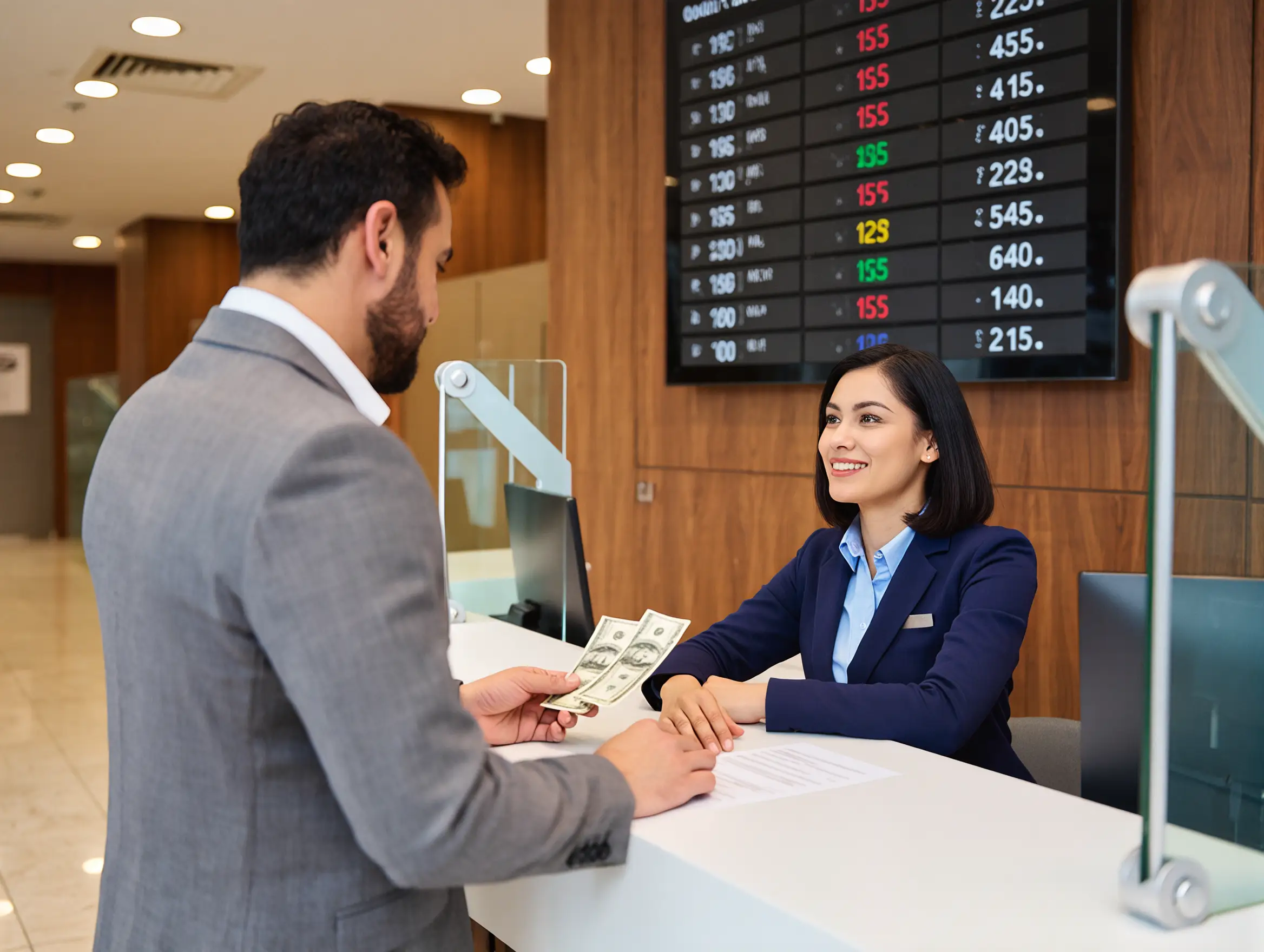A Middle Eastern man making a currency transfer at a bank in Turkey.