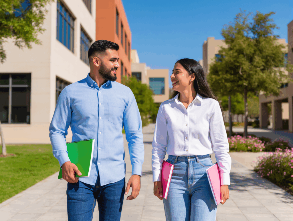Two Middle Eastern students walking on campus, smiling and holding notebooks on a sunny day
