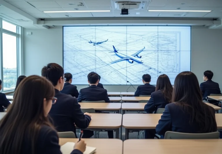 Modern bir üniversite sınıfında havacılık yönetimi dersi alan öğrenciler ve havaalanı planlamasını anlatan eğitmen