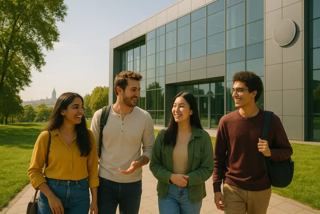 Four university students chat while walking in front of the modern Özyeğin Faculty of Social Sciences building.