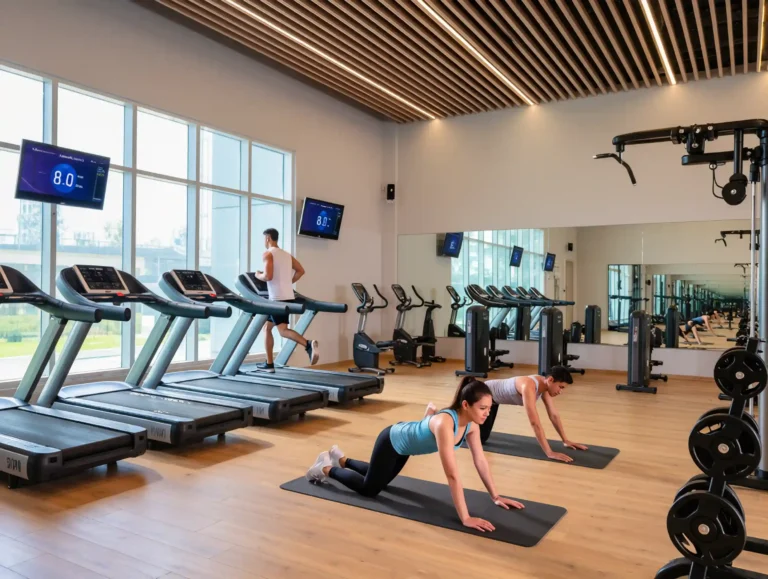 People working out in a spacious, modern gym in Turkey.