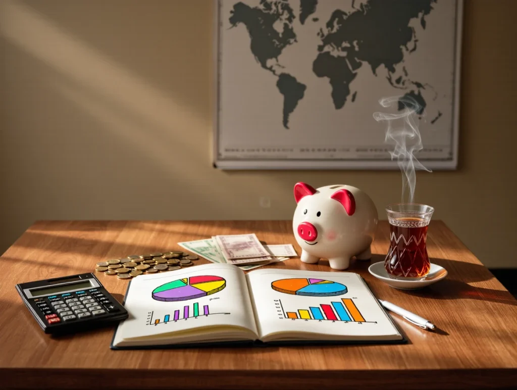 Student budget planning in Turkey with financial symbols and Turkish cultural elements.