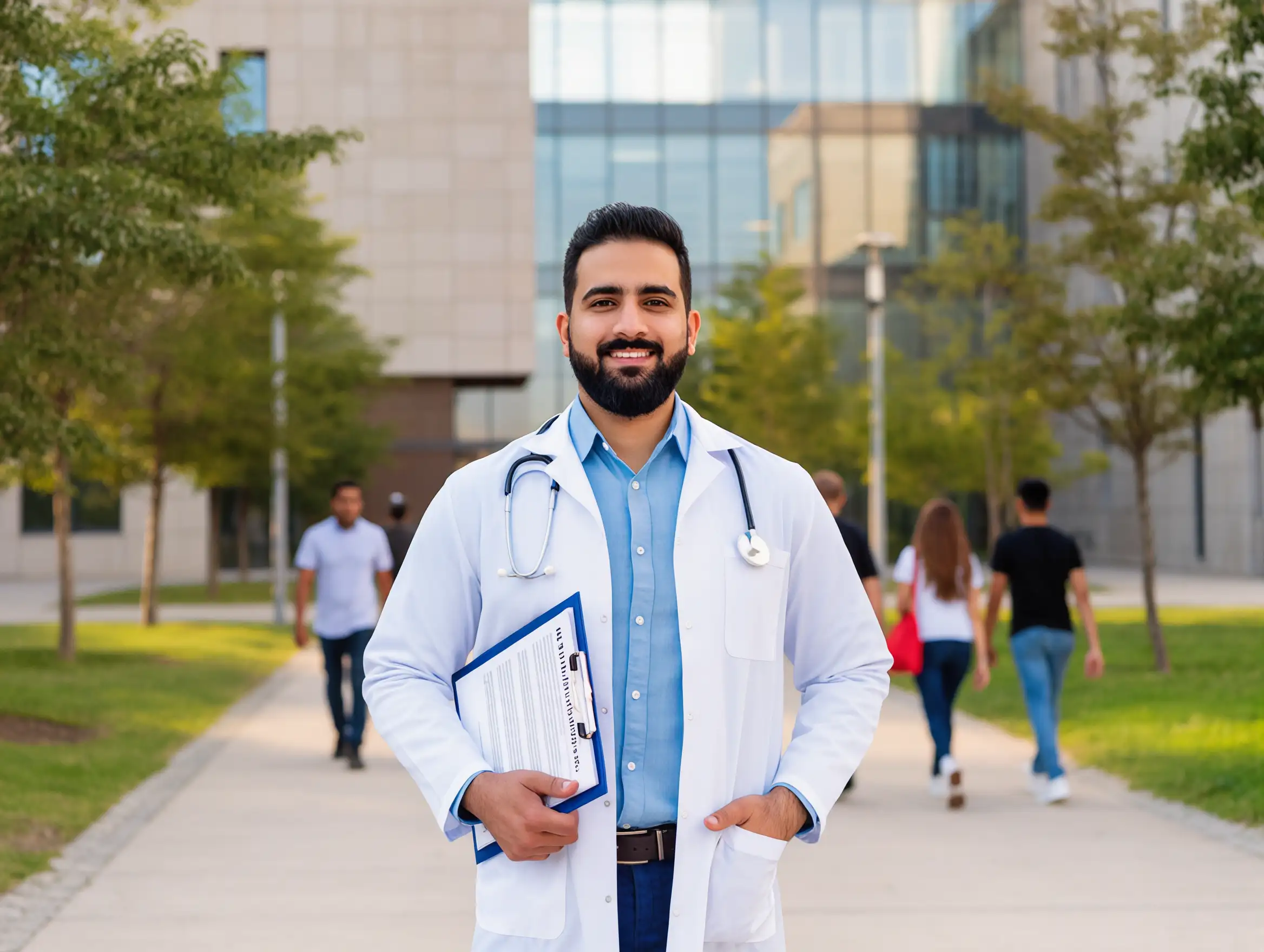Young student showing health insurance card at a medical clinic in Turkey.