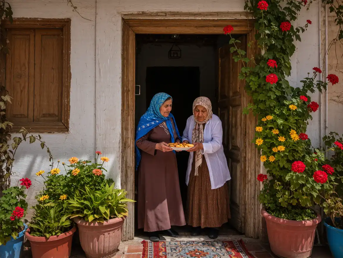 Two elderly Turkish women representing Turkish culture in a cozy living room