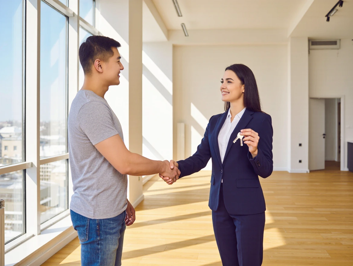 University student shaking hands with a real estate agent in a sunlit modern apartment, one holding a key
