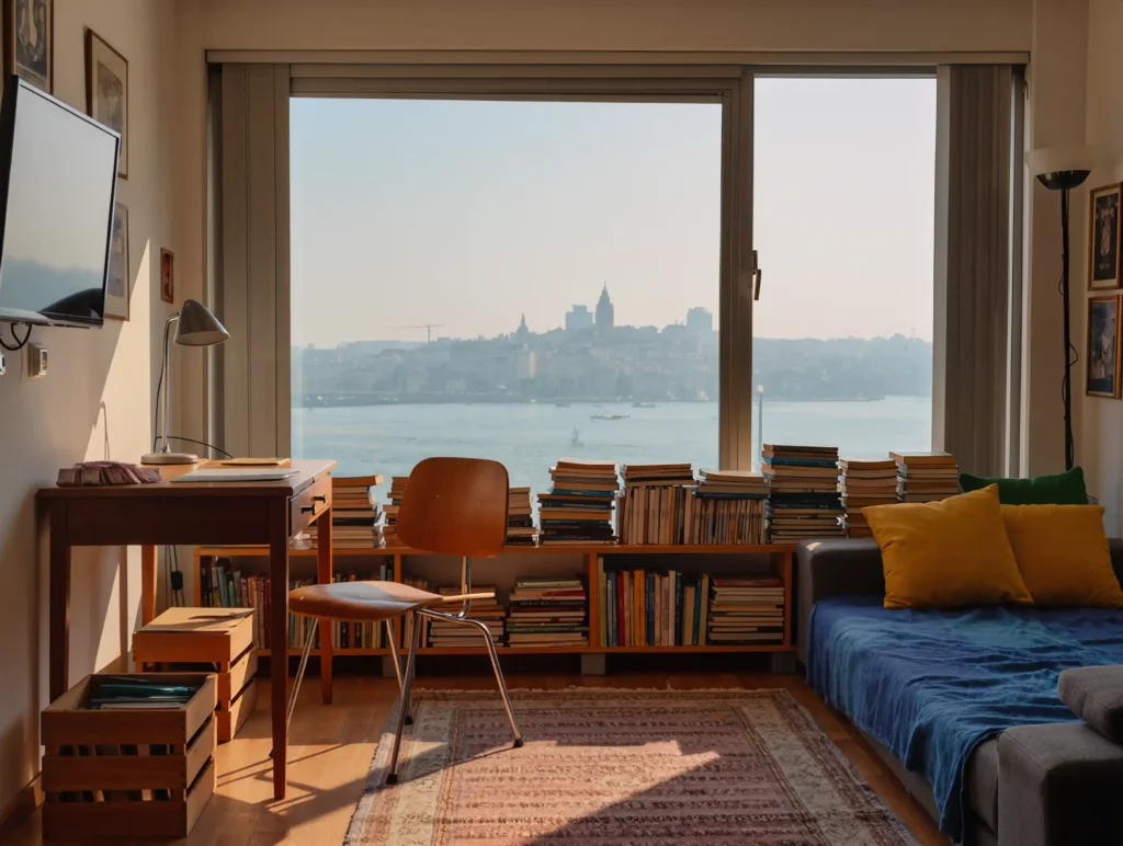 Cozy student apartment with a second-hand chair, study desk, lamp, Turkish Lira coins, smartphone showing a marketplace app, rug, and bookshelf, in beige and blue tones with an Istanbul skyline.