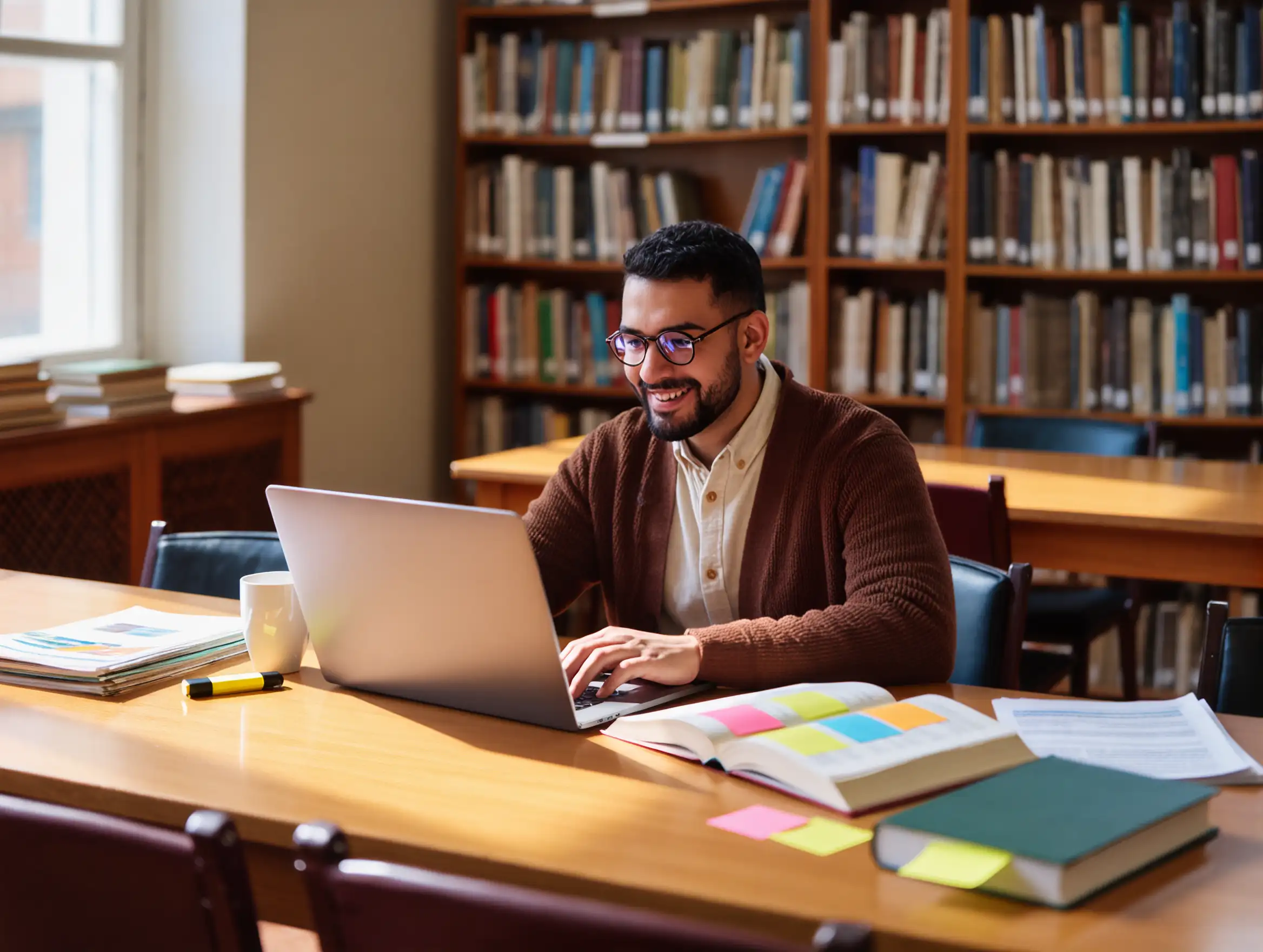 A man sitting at a desk browsing secondhand book websites on his laptop, with a bookshelf in the background.