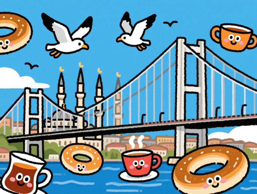 Cartoon style Istanbul Bosphorus bridge with Turkish cultural elements